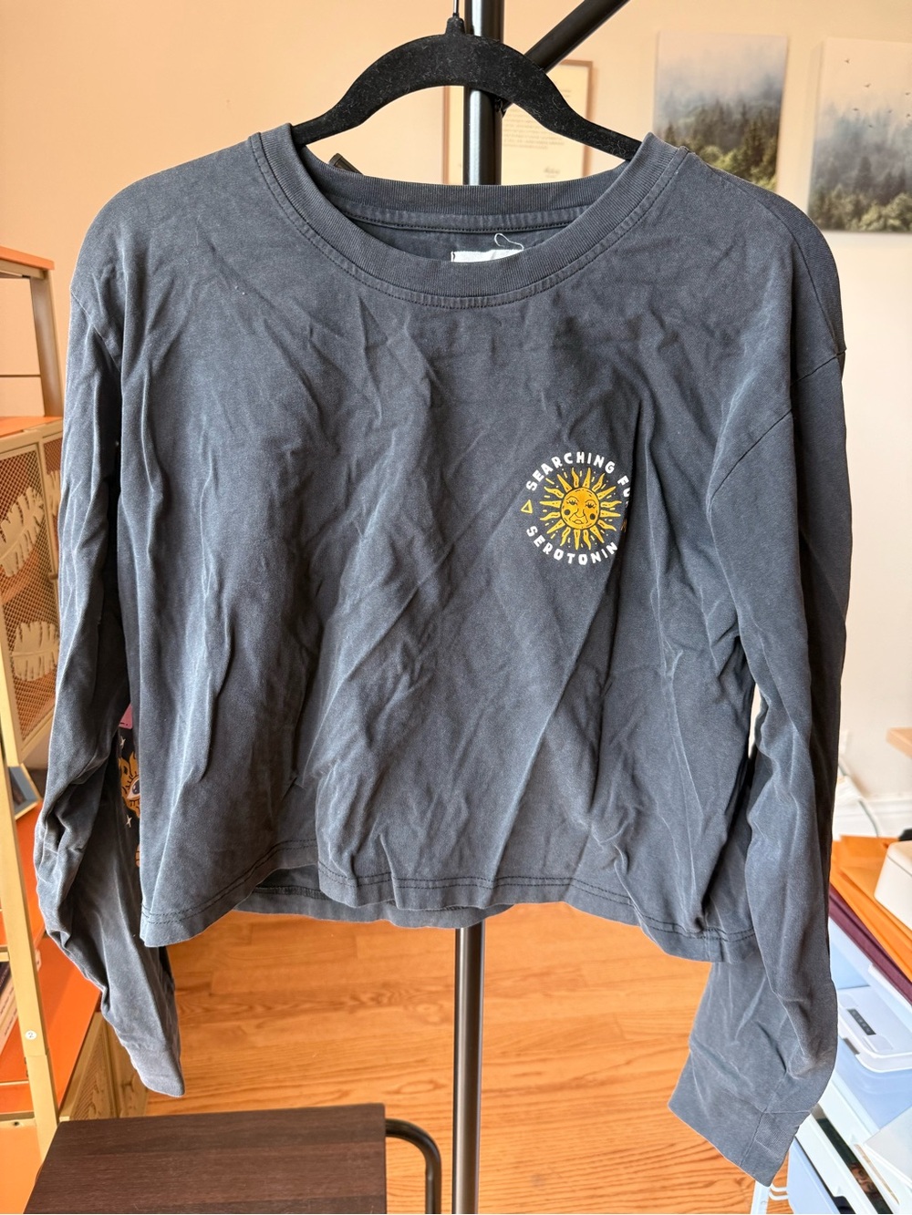 Octopied Mind Black Long-Sleeve Cropped Graphic Tee with Yellow Sun